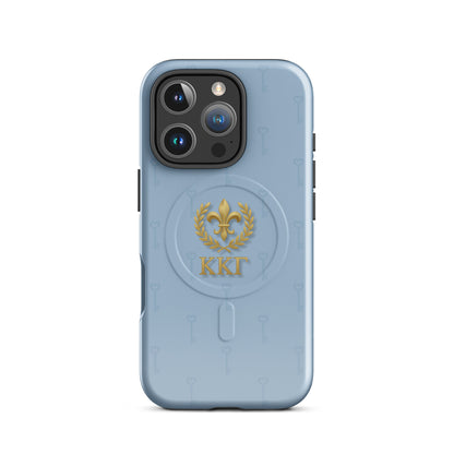 Kappa Kappa Gamma ΚΚΓ iPhone 16 Pro case with gold fleur de lis emblem and repeating key pattern, lightweight dual-layer protective phone cover