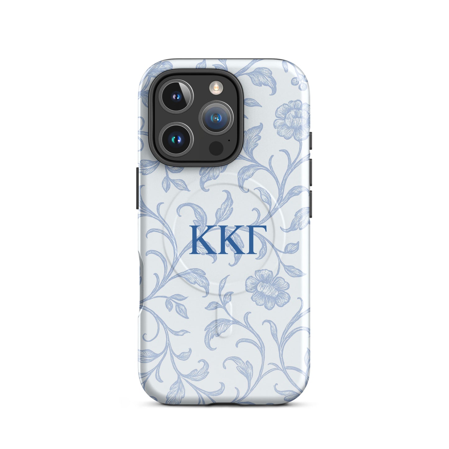 Kappa Kappa Gamma blue floral iPhone 16 Pro case – elegant toile pattern with Greek letters, durable slim protective sorority phone case
