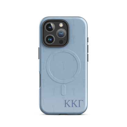 Kappa Kappa Gamma iPhone 16 Pro case with subtle key pattern in soft blue and ΚΚΓ Greek letters, slim protective aesthetic phone cover