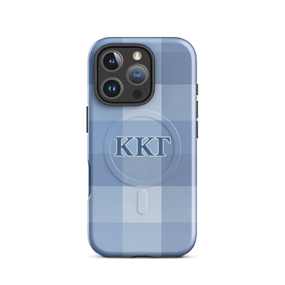 Kappa Kappa Gamma plaid iPhone 16 Pro Max case with blue check pattern and ΚΚΓ Greek letters, slim protective aesthetic phone cover