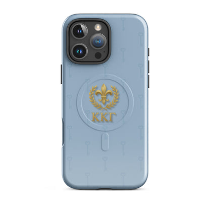 Kappa Kappa Gamma iPhone 16 Pro Max case with gold fleur de lis crest and subtle key pattern on blue background, ΚΚΓ Greek letters, slim protective cover