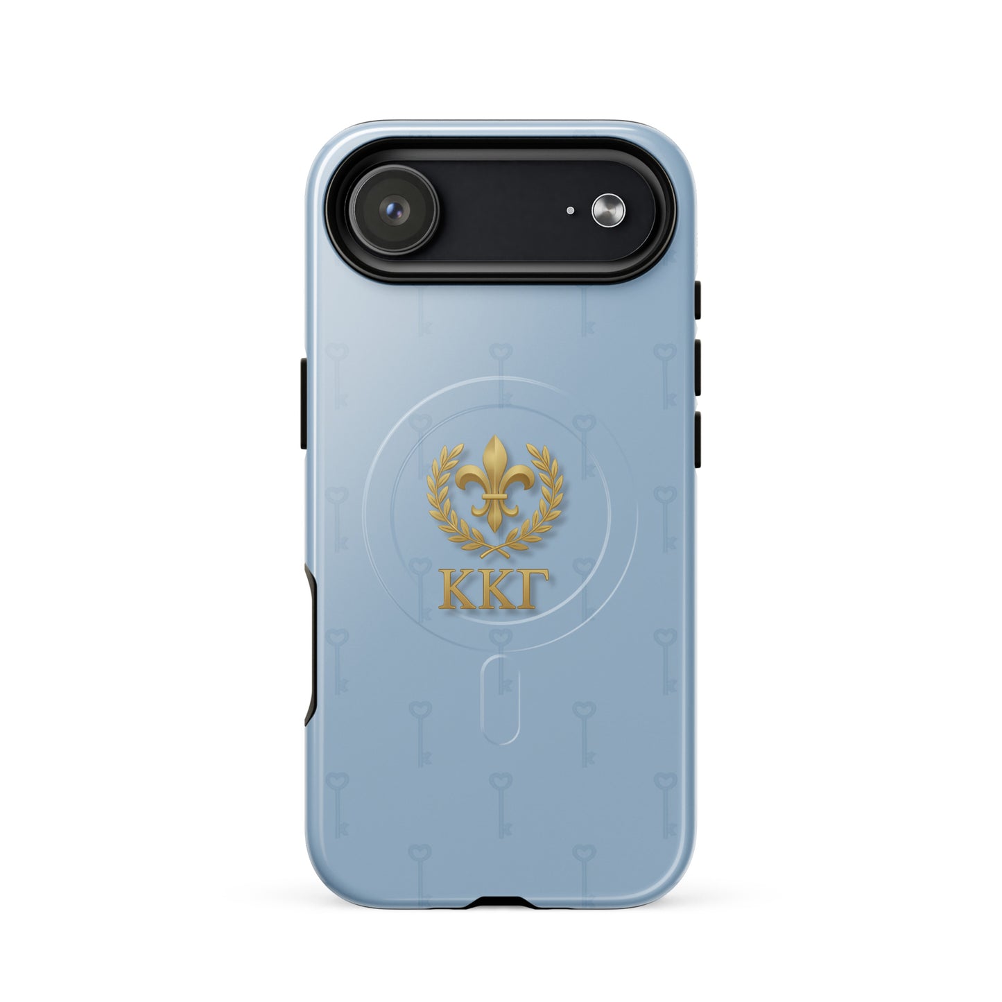 Kappa Kappa Gamma blue iPhone 17 Plus case – gold fleur de lis design with key motif and Greek letters, durable slim protective sorority case