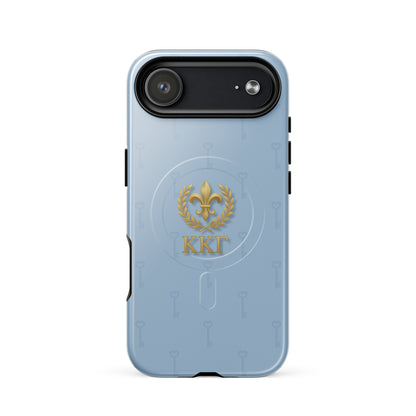 Kappa Kappa Gamma blue iPhone 17 Plus case – gold fleur de lis design with key motif and Greek letters, durable slim protective sorority case