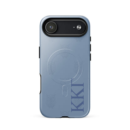 Kappa Kappa Gamma owl iPhone 17 Air case with subtle repeating owl pattern and ΚΚΓ Greek letters on blue background, slim protective cover
