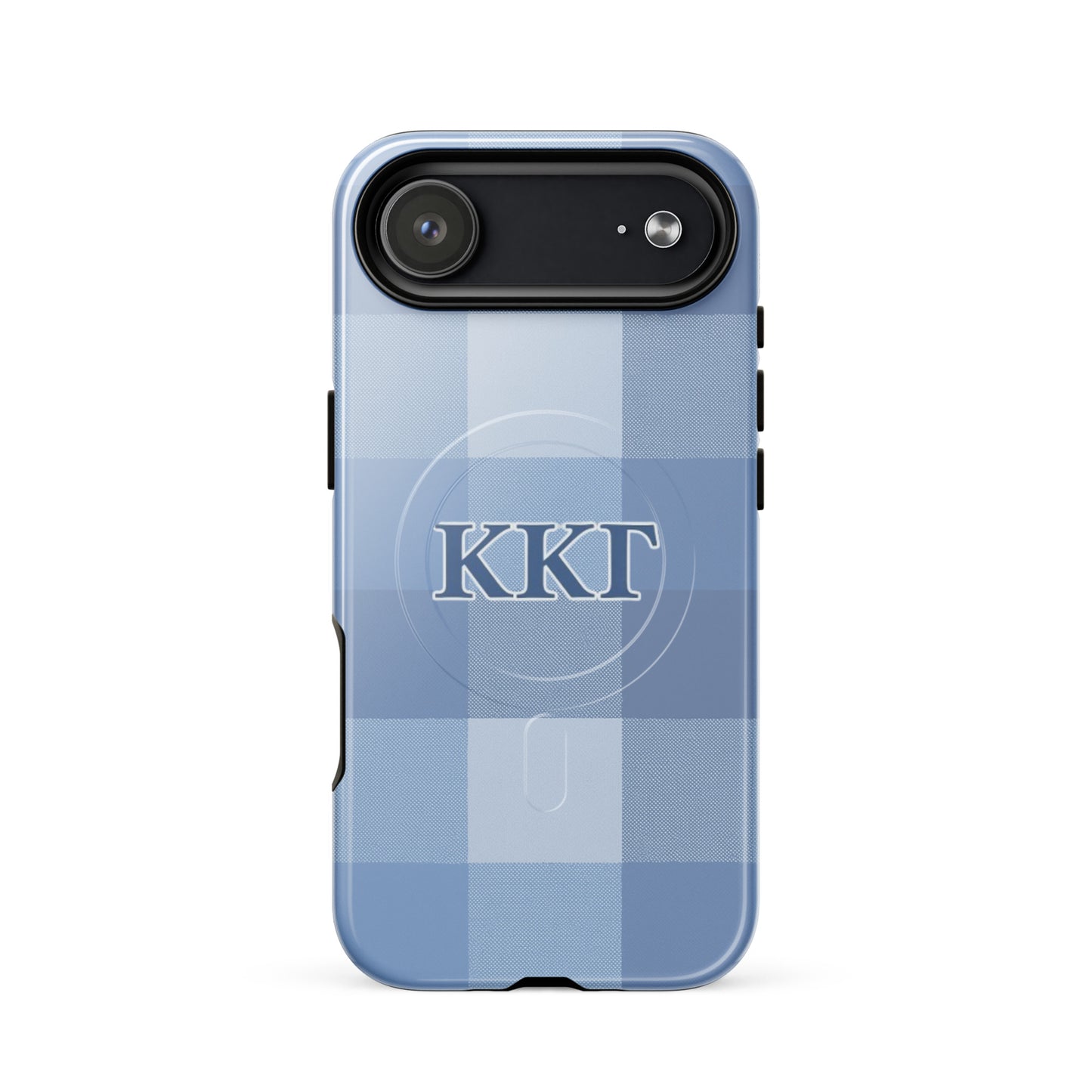 Kappa Kappa Gamma ΚΚΓ iPhone 17 Air case with blue plaid pattern, lightweight dual-layer protection, classic preppy aesthetic cover
