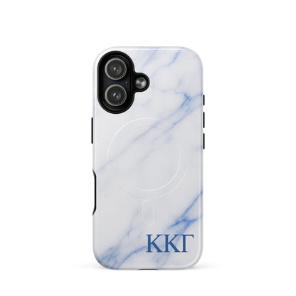 Kappa Kappa Gamma white marble iPhone 17 case – minimalist blue vein design with Greek letters, durable slim protective phone case