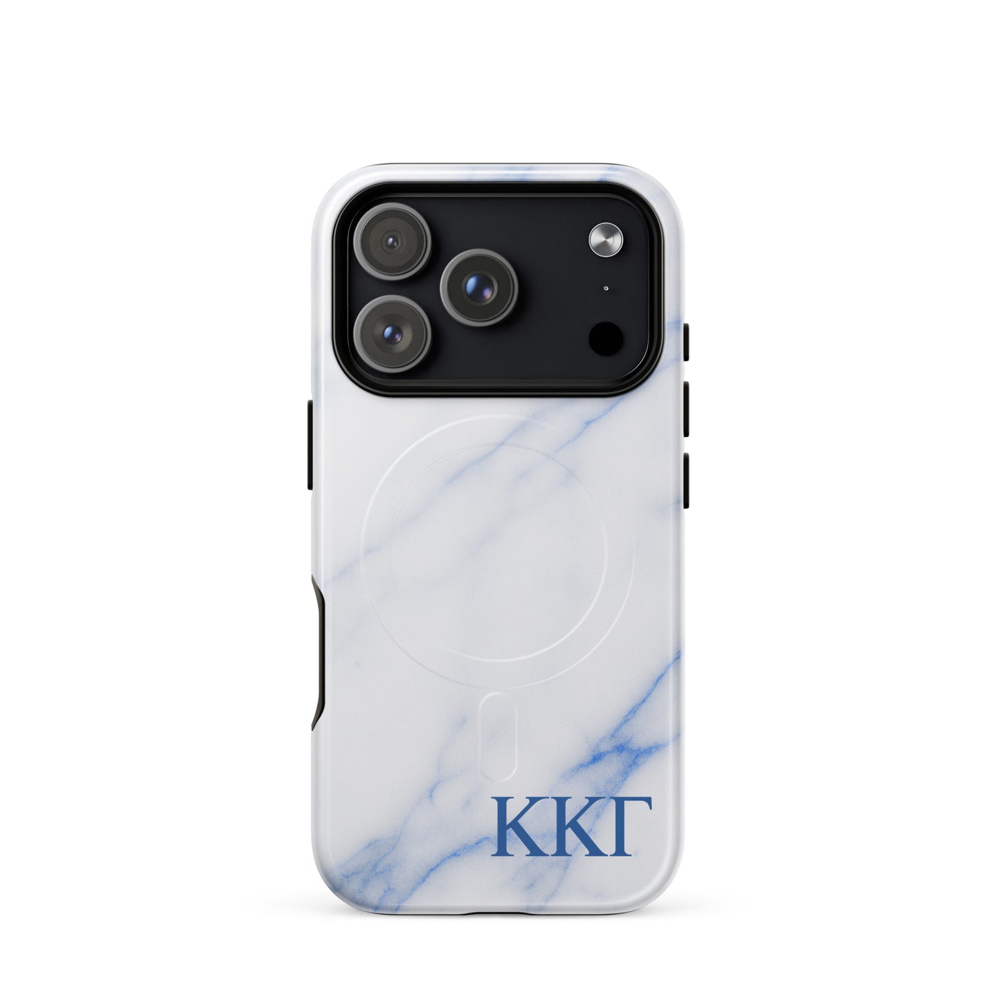 Kappa Kappa Gamma ΚΚΓ iPhone 17 Pro case with white marble texture and blue veining, lightweight dual-layer protection, modern minimalist cover