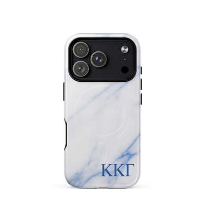 Kappa Kappa Gamma ΚΚΓ iPhone 17 Pro case with white marble texture and blue veining, lightweight dual-layer protection, modern minimalist cover