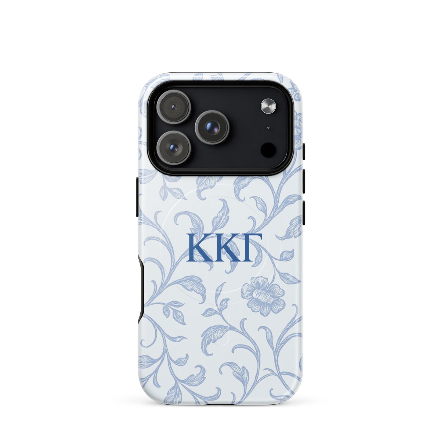 Kappa Kappa Gamma blue floral iPhone 17 Pro case – elegant toile pattern with Greek letters, durable slim protective sorority phone case