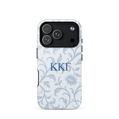 Kappa Kappa Gamma blue floral iPhone 17 Pro case – elegant toile pattern with Greek letters, durable slim protective sorority phone case