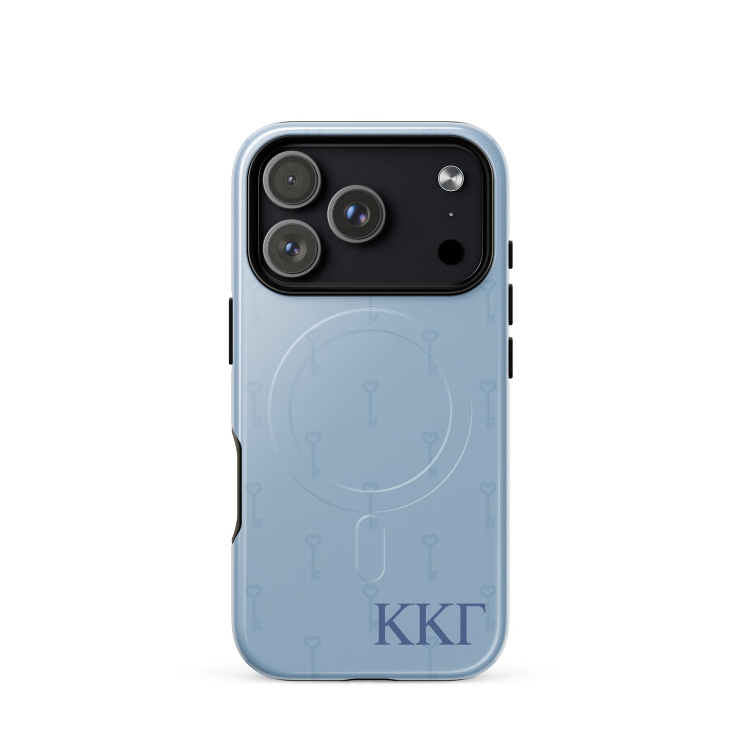 Kappa Kappa Gamma iPhone 17 Pro case with subtle key pattern in soft blue and ΚΚΓ Greek letters, slim protective aesthetic phone cover
