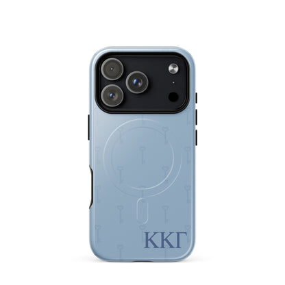 Kappa Kappa Gamma iPhone 17 Pro case with subtle key pattern in soft blue and ΚΚΓ Greek letters, slim protective aesthetic phone cover