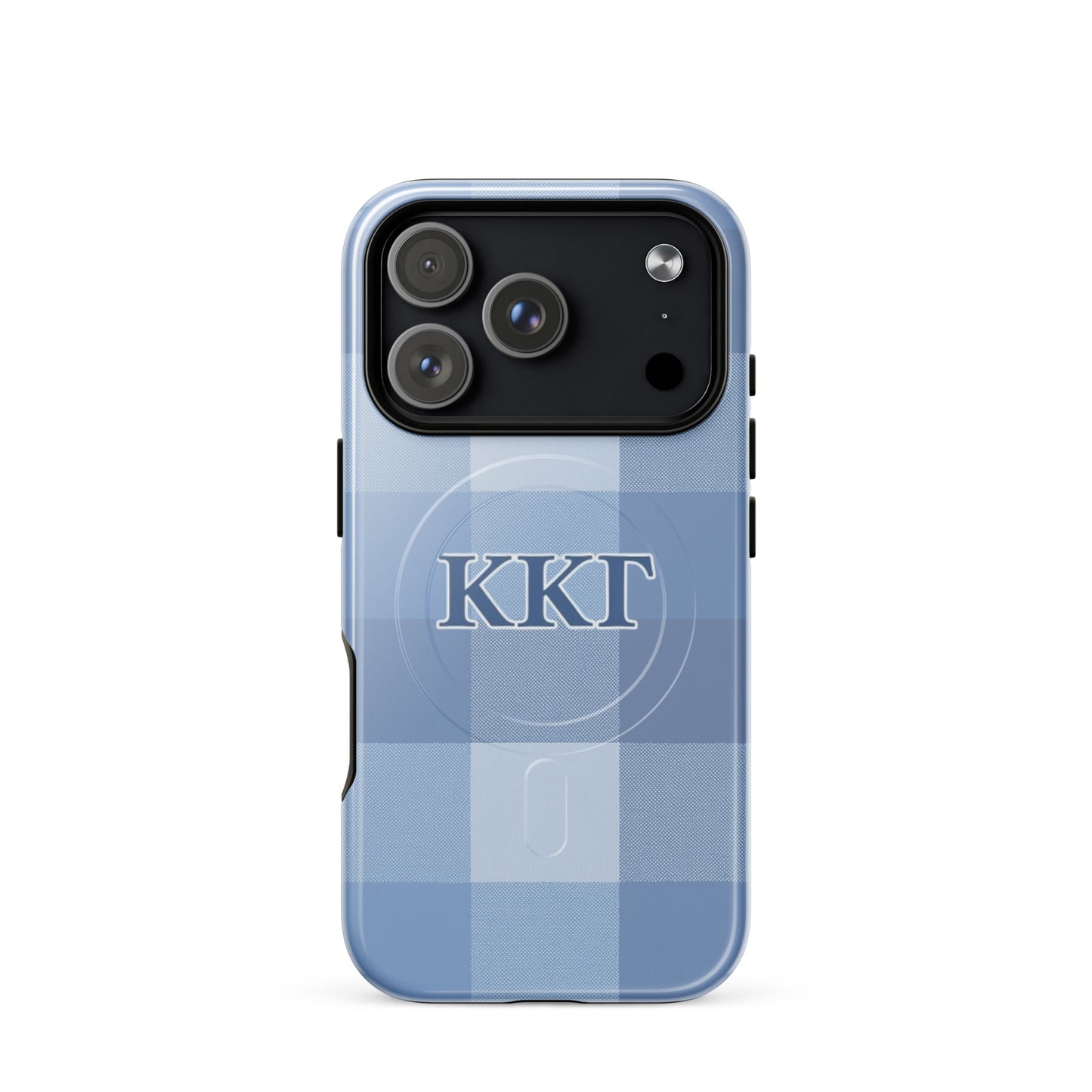 Kappa Kappa Gamma ΚΚΓ iPhone Pro case with blue plaid pattern, lightweight dual-layer protection, classic preppy aesthetic cover