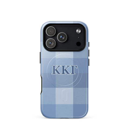 Kappa Kappa Gamma ΚΚΓ iPhone Pro case with blue plaid pattern, lightweight dual-layer protection, classic preppy aesthetic cover
