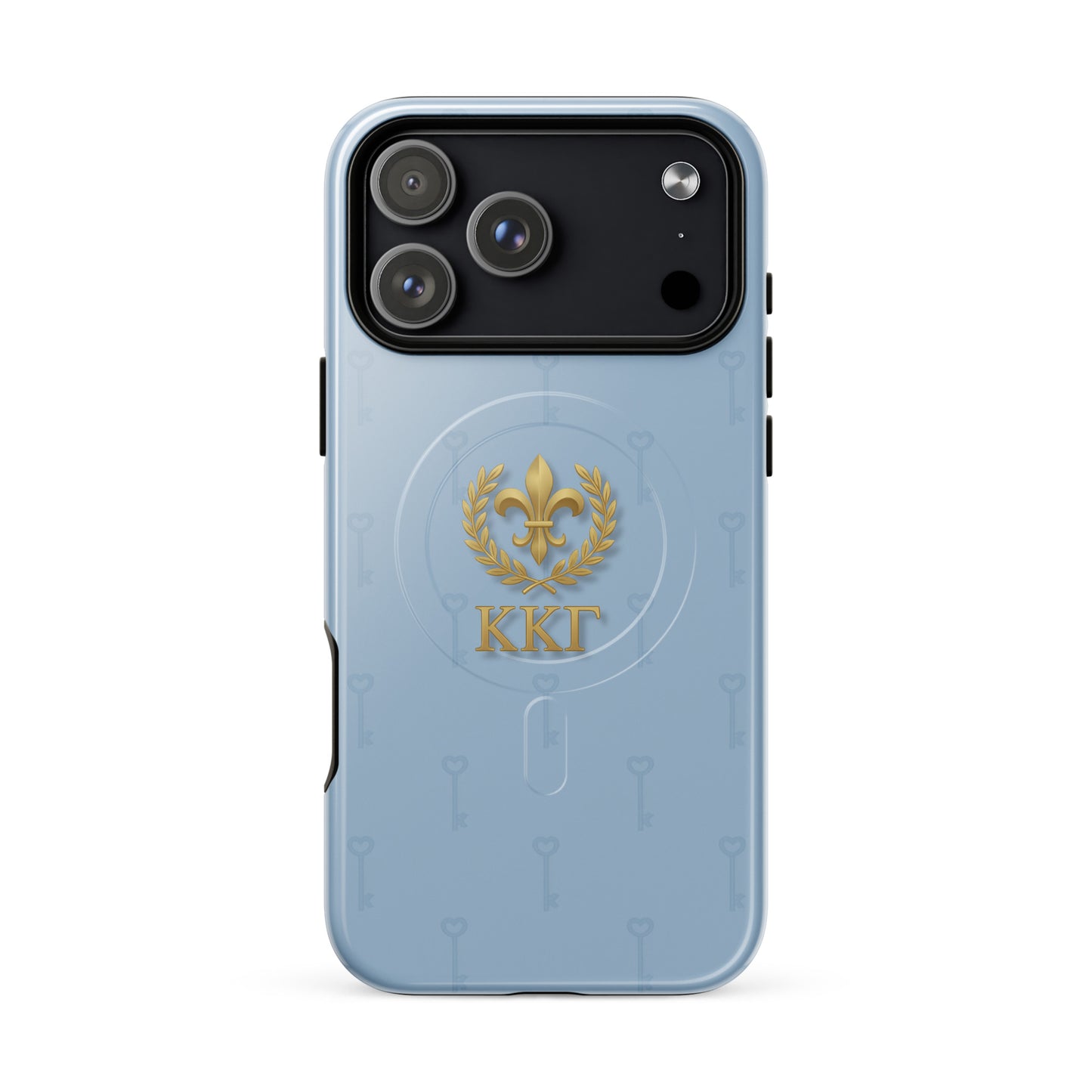 Kappa Kappa Gamma ΚΚΓ iPhone 17 Pro Max case with gold fleur de lis emblem and repeating key pattern, lightweight dual-layer protective phone cover