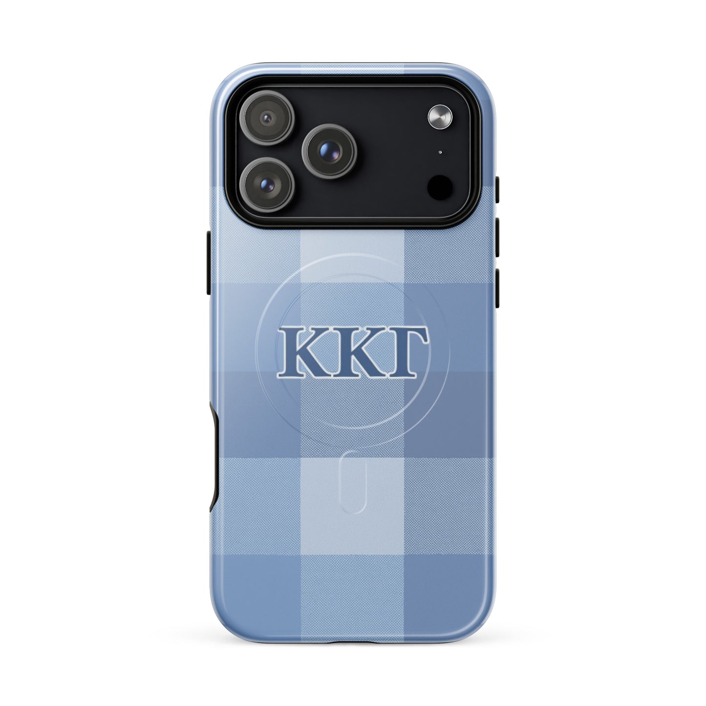 Kappa Kappa Gamma plaid iPhone 17 Pro Max case with blue check pattern and ΚΚΓ Greek letters, slim protective aesthetic phone cover