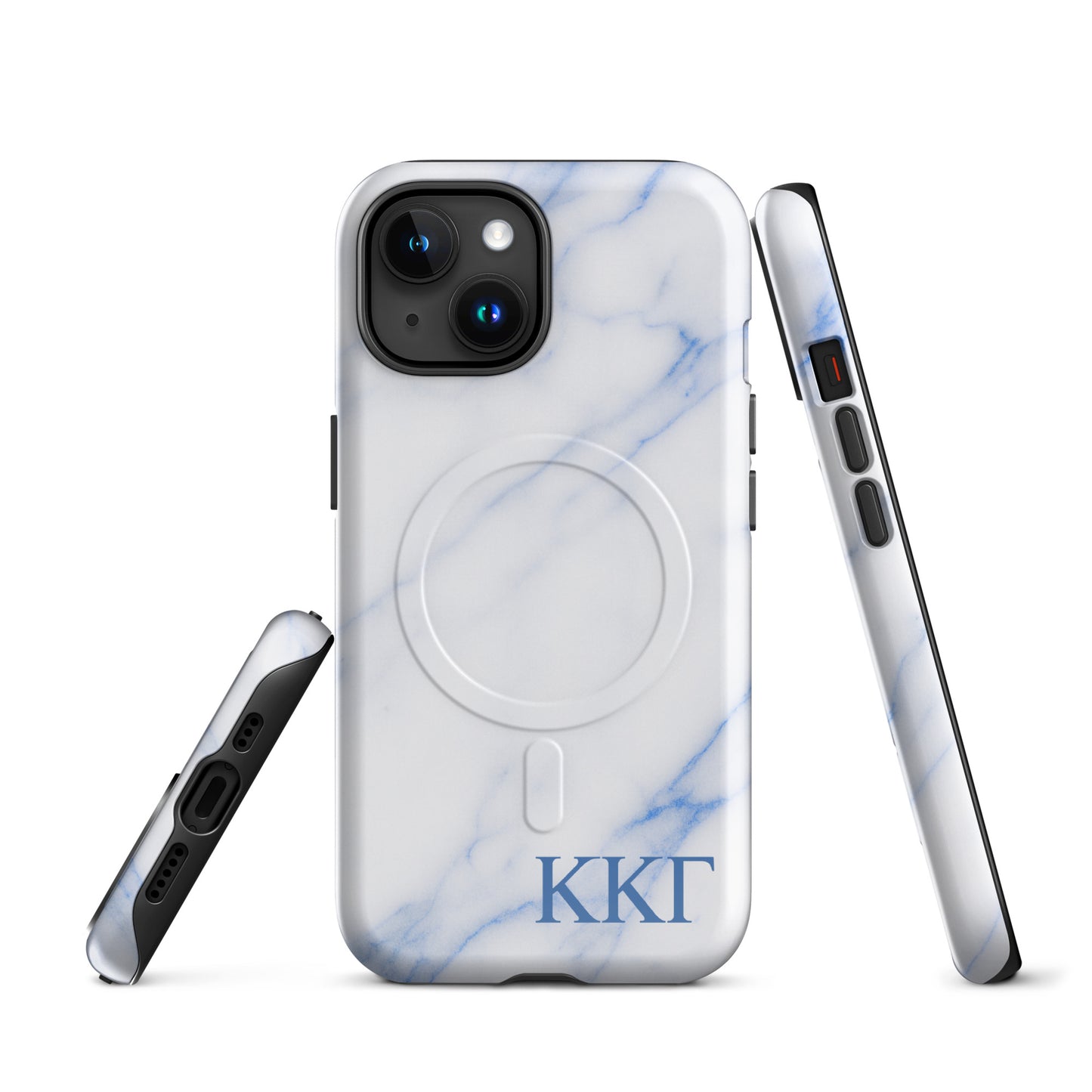 Kappa Kappa Gamma marble iPhone case with white and blue stone pattern and ΚΚΓ Greek letters, slim protective aesthetic phone cover front and side views