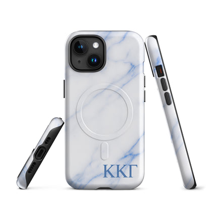 Kappa Kappa Gamma marble iPhone case with white and blue stone pattern and ΚΚΓ Greek letters, slim protective aesthetic phone cover front and side views
