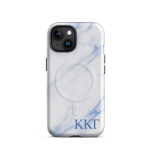 Kappa Kappa Gamma marble iPhone case with white and blue stone pattern and ΚΚΓ Greek letters, slim protective aesthetic phone cover