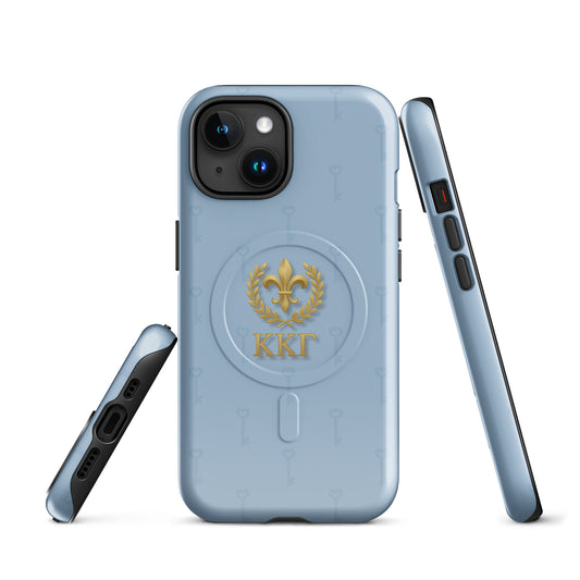 Kappa Kappa Gamma iPhone case with gold fleur de lis crest and subtle key pattern on blue background, ΚΚΓ Greek letters, slim protective cover front and side views

