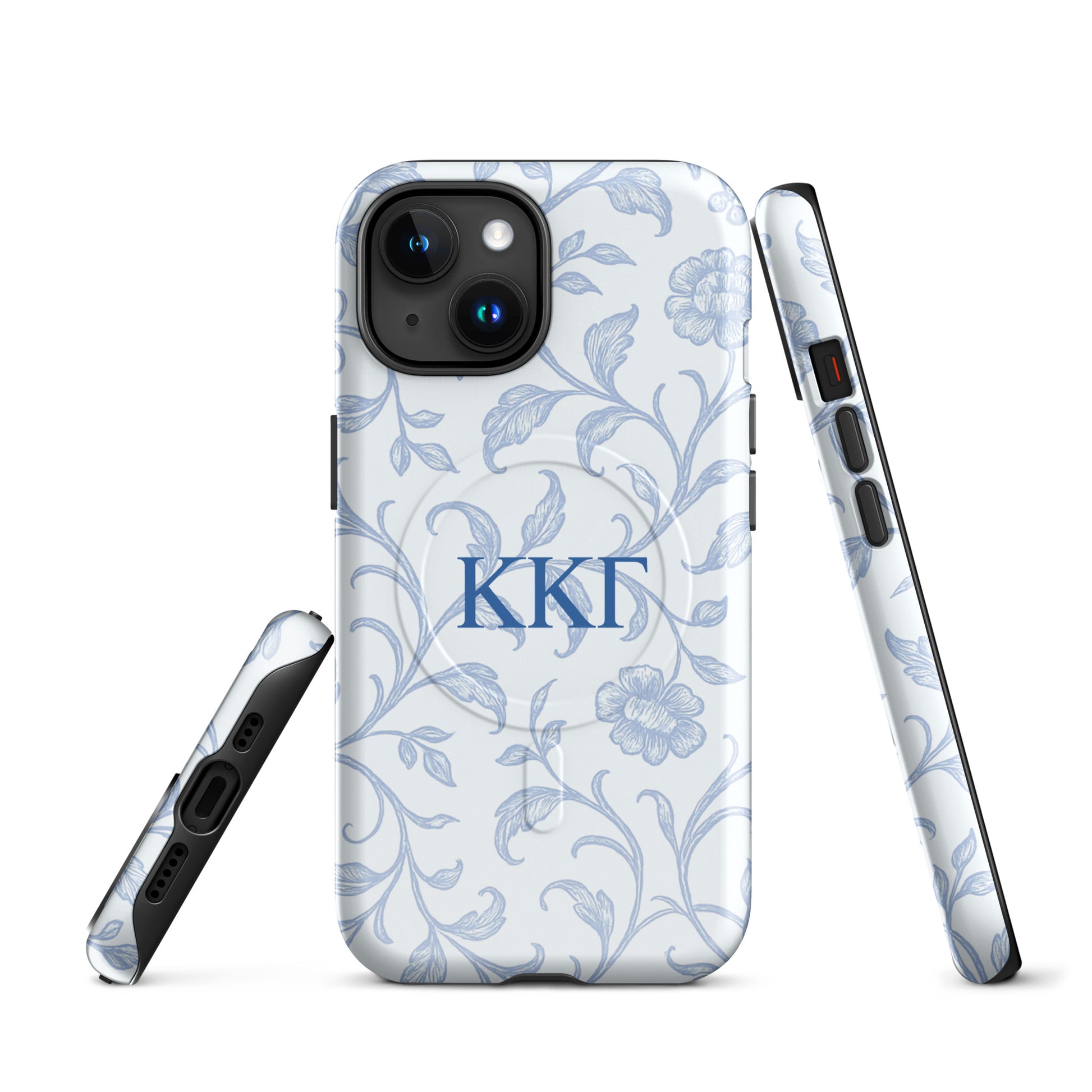 Kappa Kappa Gamma floral toile iPhone case with blue botanical pattern and ΚΚΓ Greek letters, slim protective aesthetic phone cover front and side views
