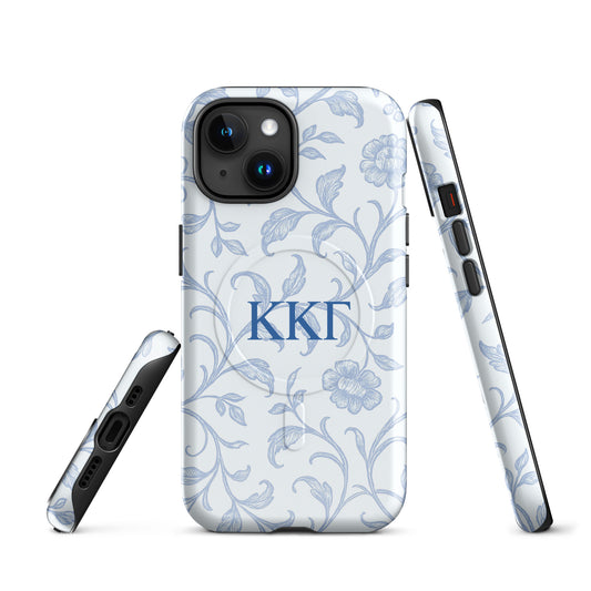 Kappa Kappa Gamma floral toile iPhone case with blue botanical pattern and ΚΚΓ Greek letters, slim protective aesthetic phone cover front and side views
