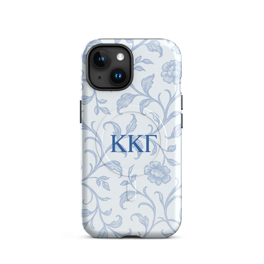 Kappa Kappa Gamma floral toile iPhone case with blue botanical pattern and ΚΚΓ Greek letters, slim protective aesthetic phone cover