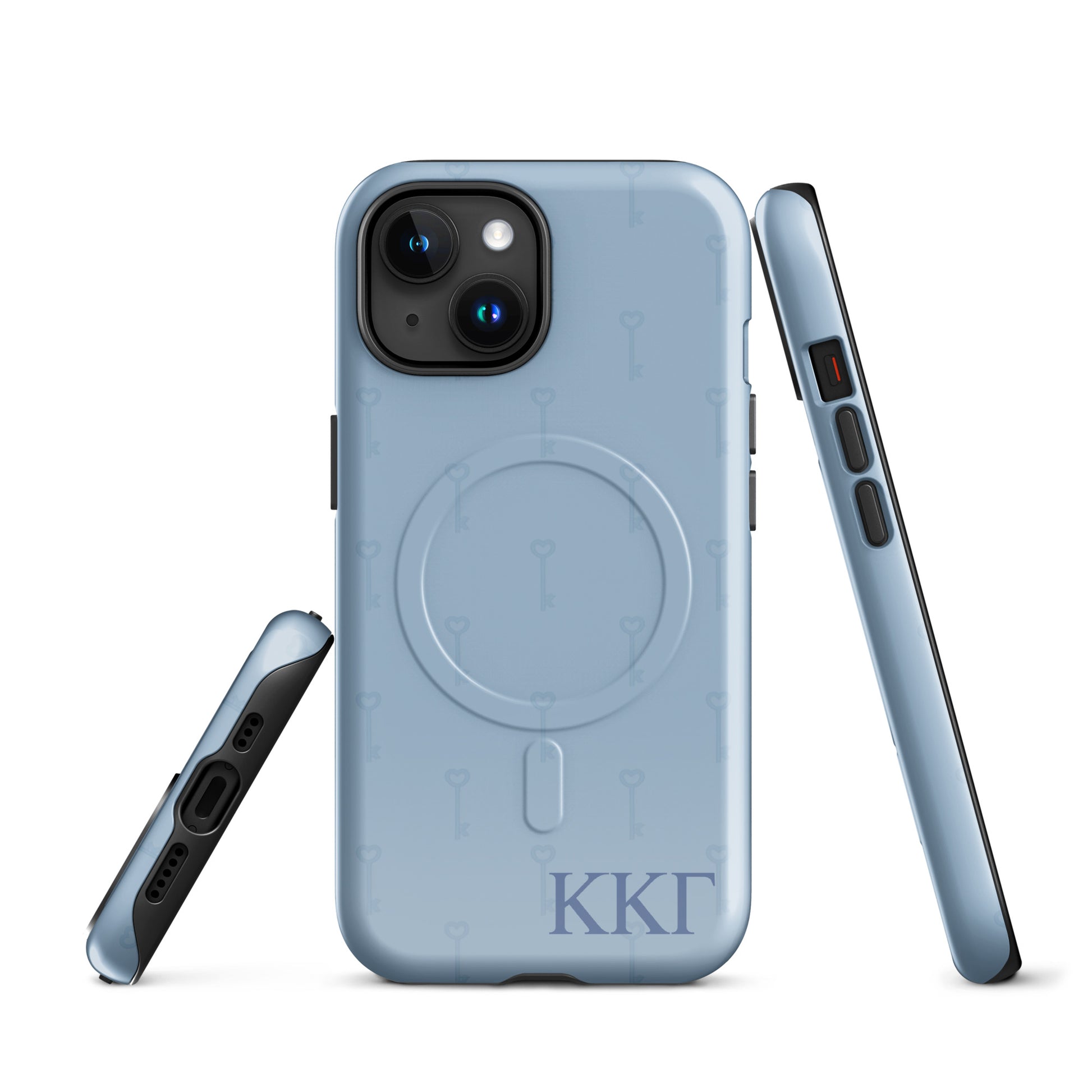 Kappa Kappa Gamma iPhone case with subtle key pattern in soft blue and ΚΚΓ Greek letters, slim protective aesthetic phone cover front and side views