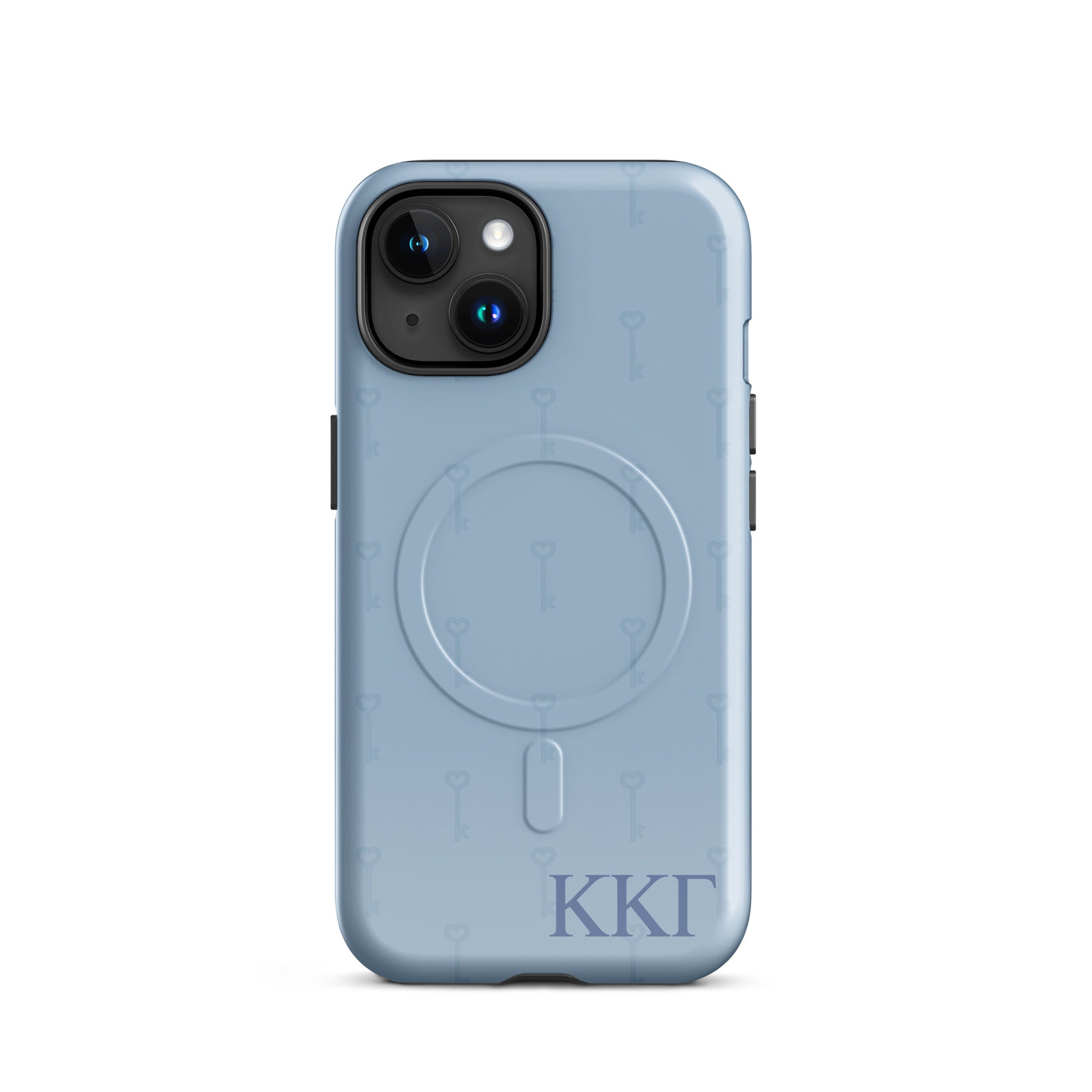 Kappa Kappa Gamma iPhone case with subtle key pattern in soft blue and ΚΚΓ Greek letters, slim protective aesthetic phone cover