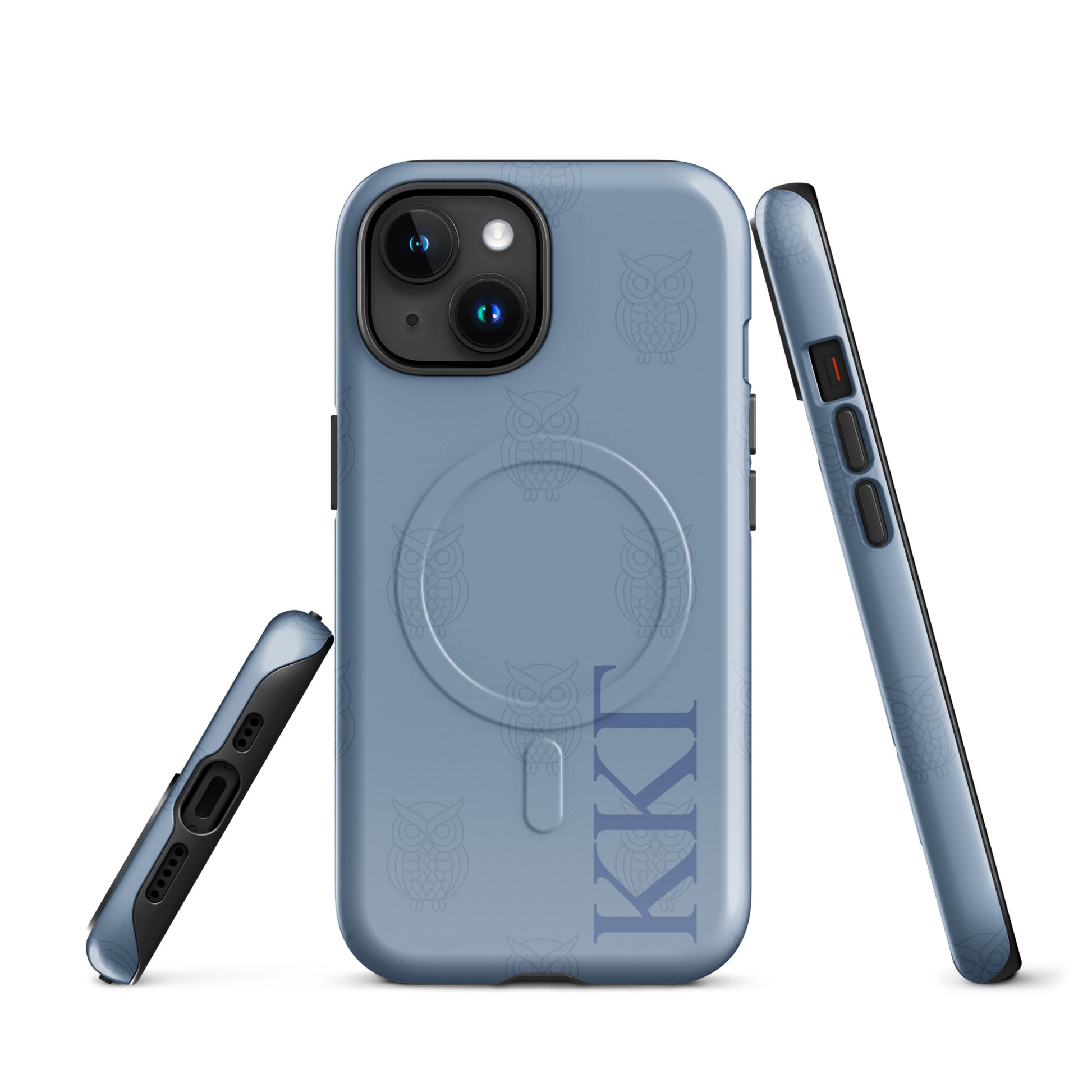 Kappa Kappa Gamma owl iPhone case with subtle repeating owl pattern and ΚΚΓ Greek letters on blue background, slim protective cover front and side view
