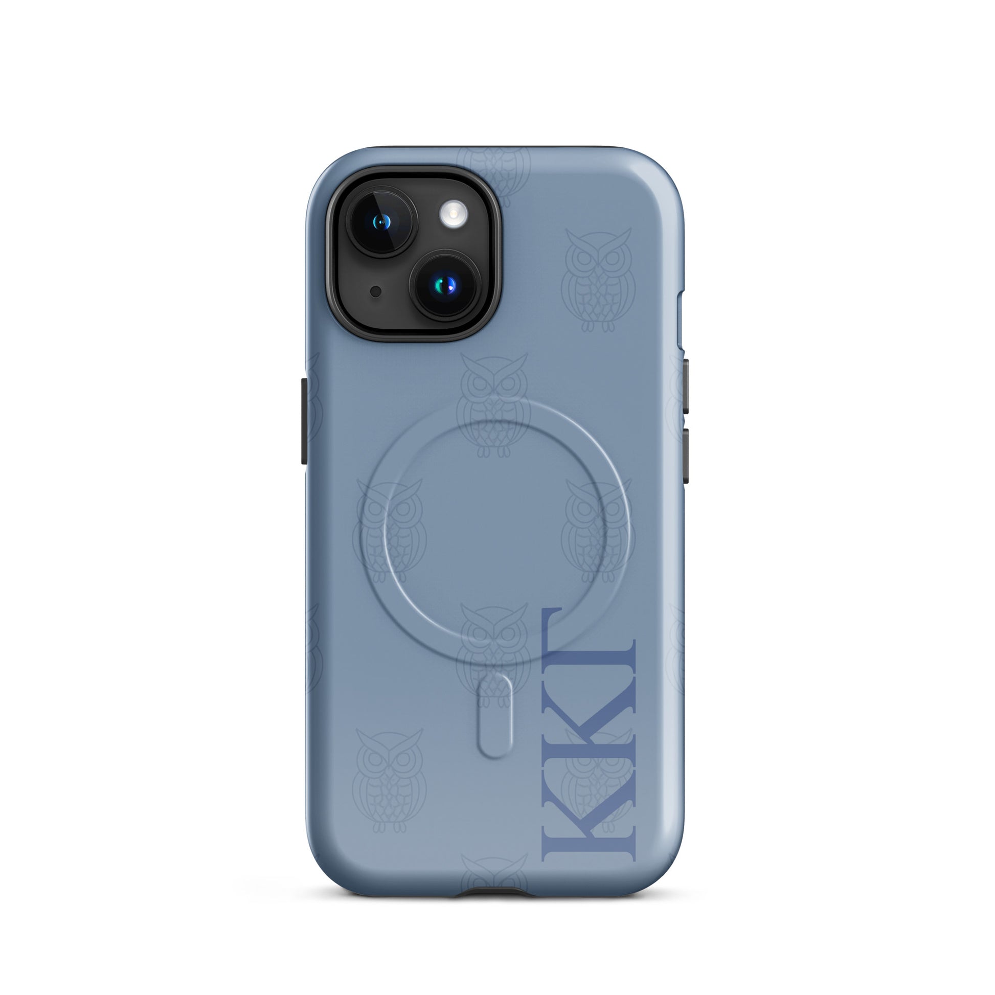 Kappa Kappa Gamma owl iPhone case with subtle repeating owl pattern and ΚΚΓ Greek letters on blue background, slim protective cover