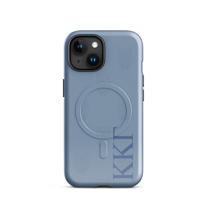 Kappa Kappa Gamma owl iPhone case with subtle repeating owl pattern and ΚΚΓ Greek letters on blue background, slim protective cover