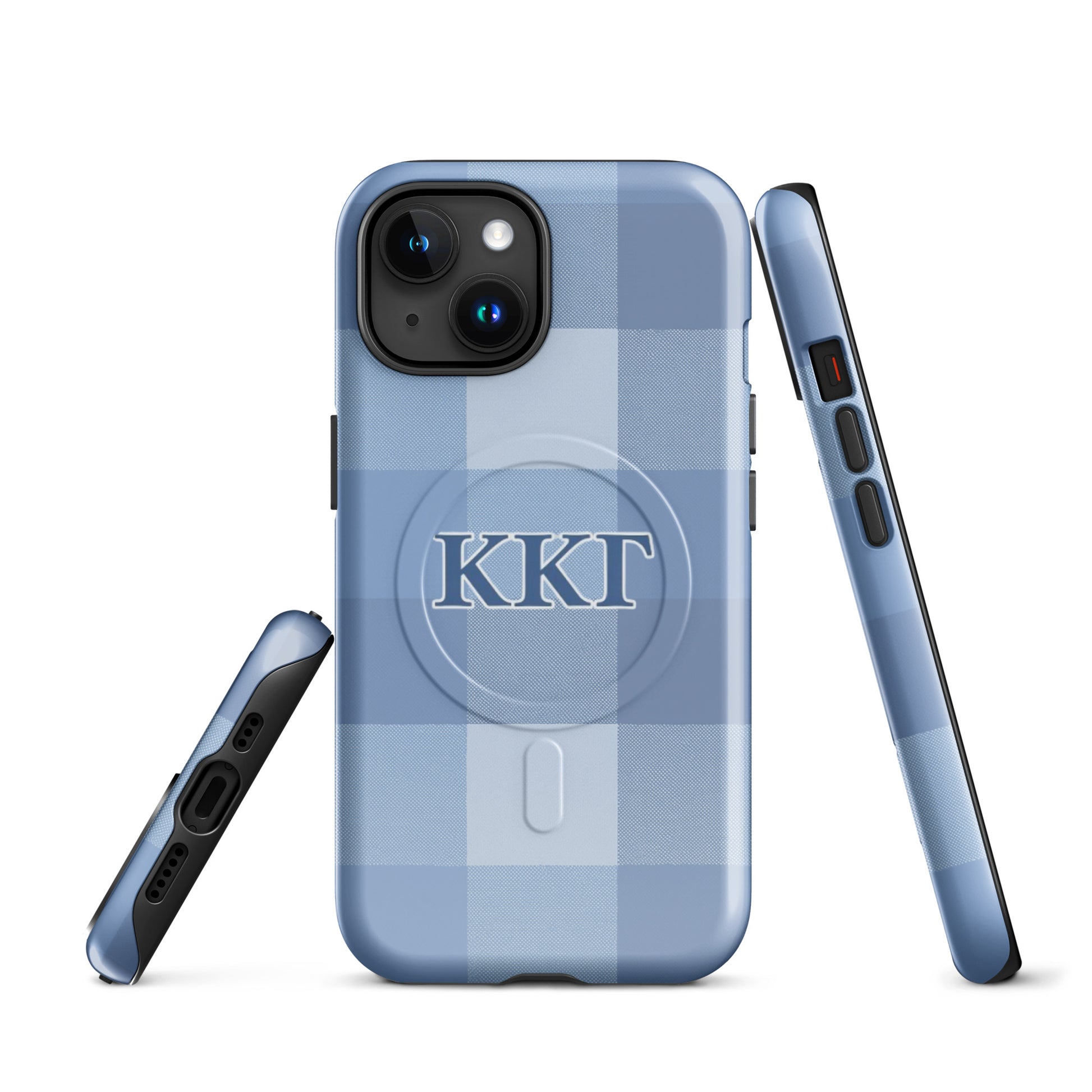 Kappa Kappa Gamma plaid iPhone case with blue check pattern and ΚΚΓ Greek letters, slim protective aesthetic phone cover front and side views