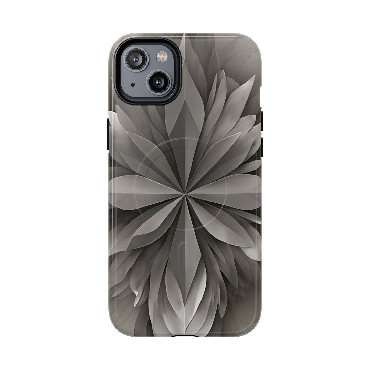 Silver Lotus floral iPhone 14 Plus MagSafe case featuring layered silver lotus petals in a monochrome botanical design.