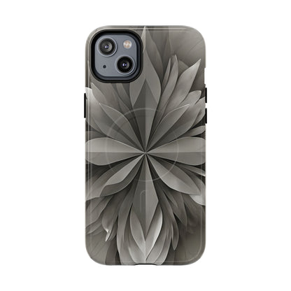 Silver Lotus floral iPhone 14 Plus MagSafe case featuring layered silver lotus petals in a monochrome botanical design.