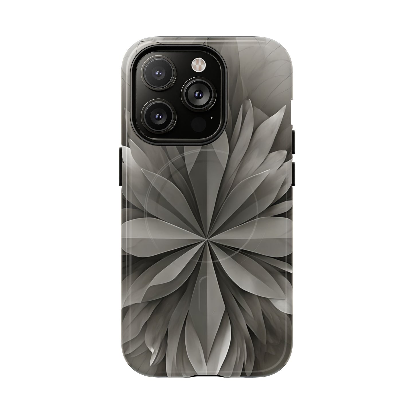 Silver Lotus floral iPhone 14 Pro MagSafe case featuring layered silver lotus petals in a monochrome botanical design.