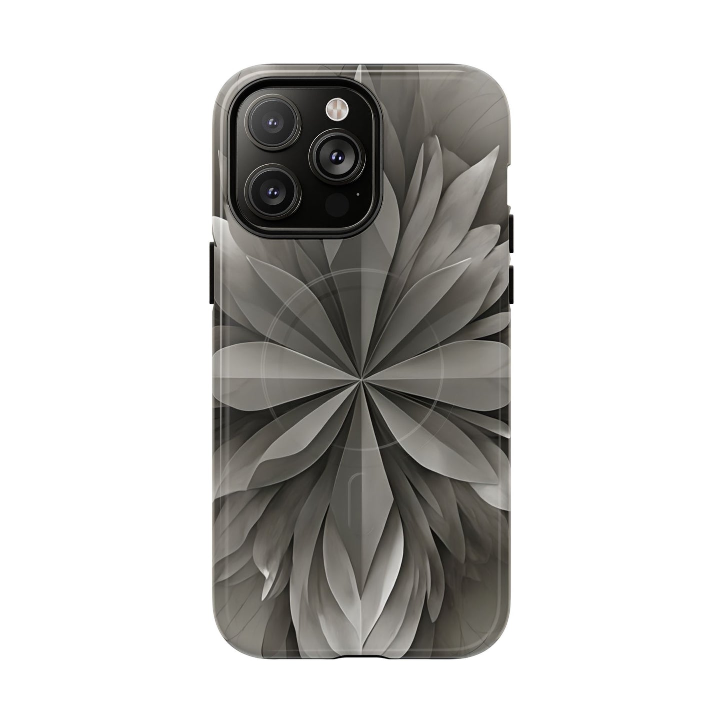 Silver Lotus floral iPhone 14 Pro Max MagSafe case featuring layered silver lotus petals in a monochrome botanical design.