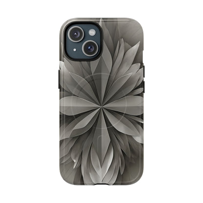 Silver Lotus floral iPhone 15 MagSafe case featuring layered silver lotus petals in a monochrome botanical design.