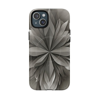 Silver Lotus floral iPhone 15 Plus MagSafe case featuring layered silver lotus petals in a monochrome botanical design.