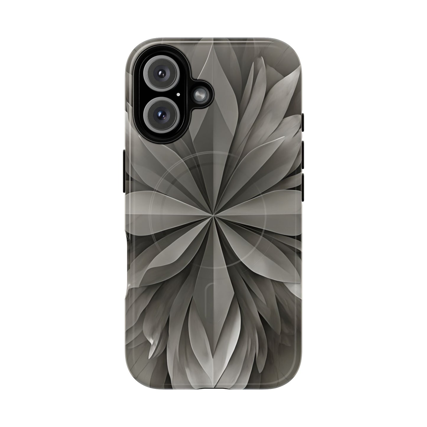 Silver Lotus floral iPhone 16 MagSafe case featuring layered silver lotus petals in a monochrome botanical design.