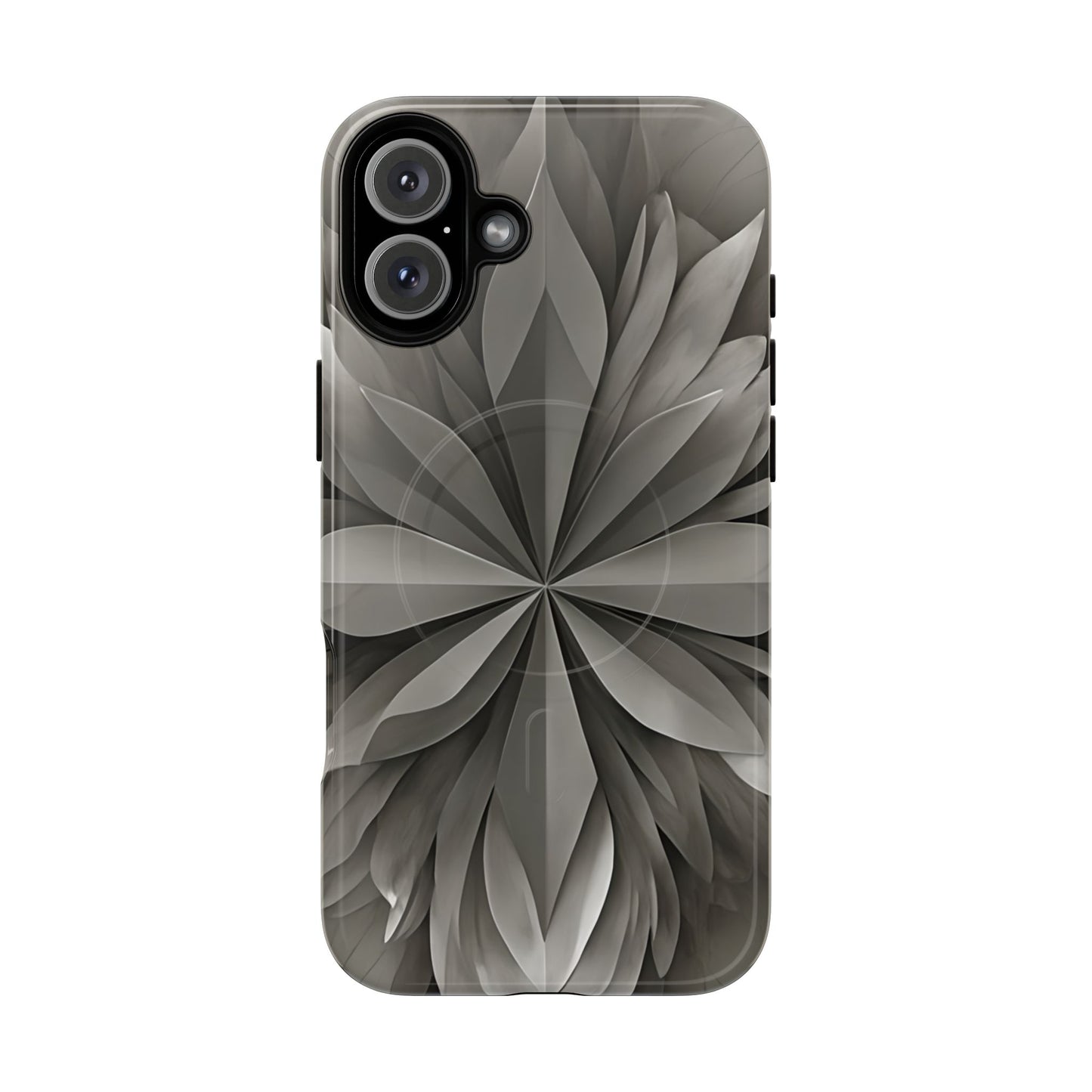 Silver Lotus floral iPhone 16 Plus MagSafe case featuring layered silver lotus petals in a monochrome botanical design.