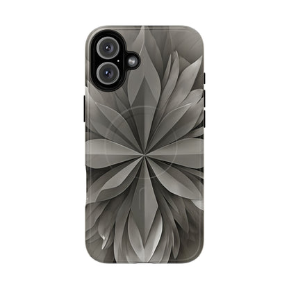 Silver Lotus floral iPhone 16 Plus MagSafe case featuring layered silver lotus petals in a monochrome botanical design.