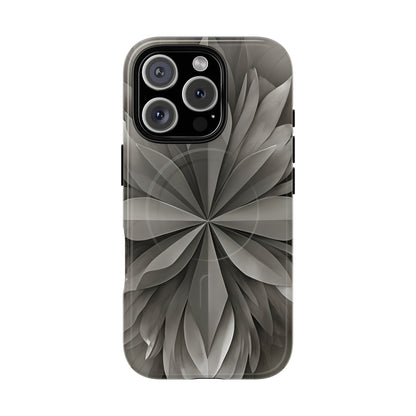 Silver Lotus floral iPhone 16 Pro MagSafe case featuring layered silver lotus petals in a monochrome botanical design.