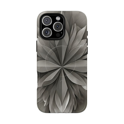 Silver Lotus floral iPhone 16 Pro Max MagSafe case featuring layered silver lotus petals in a monochrome botanical design.