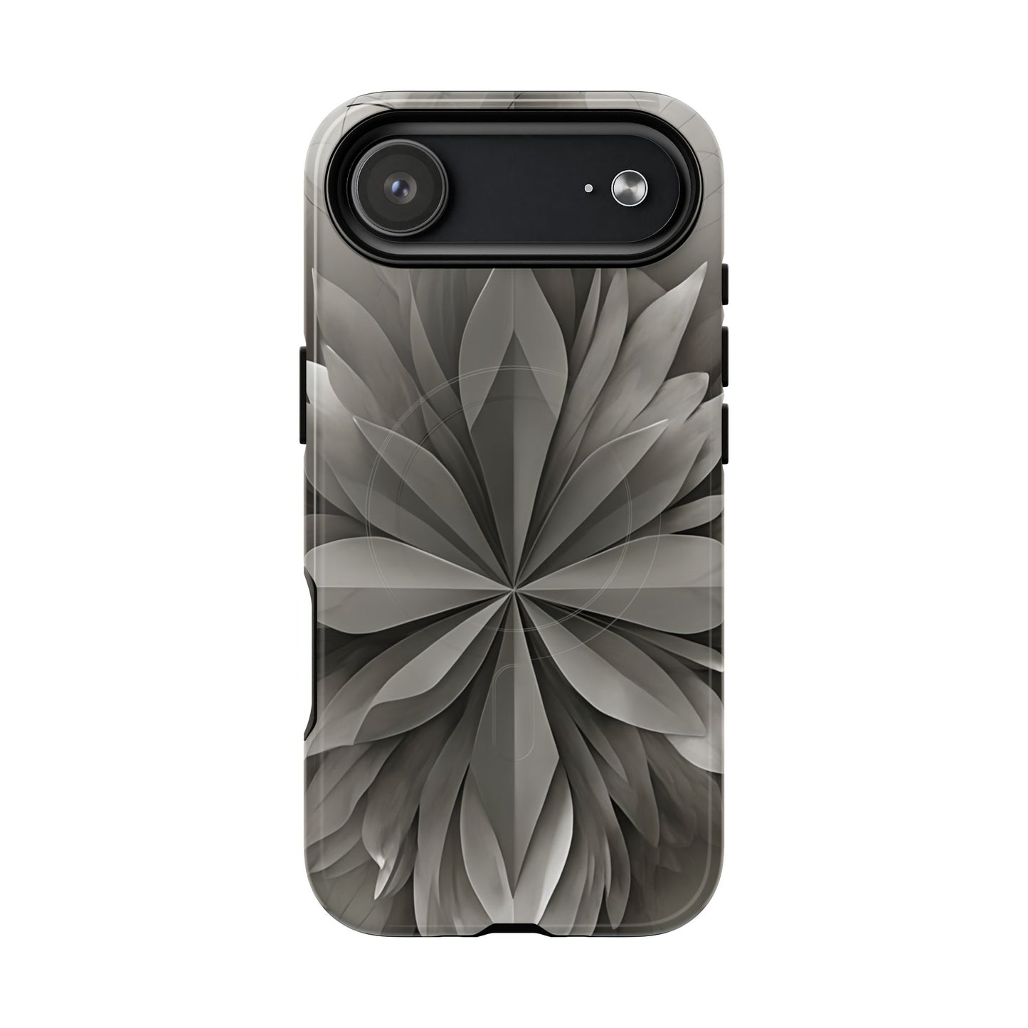 Silver Lotus floral iPhone 17 Air MagSafe case featuring layered silver lotus petals in a monochrome botanical design.