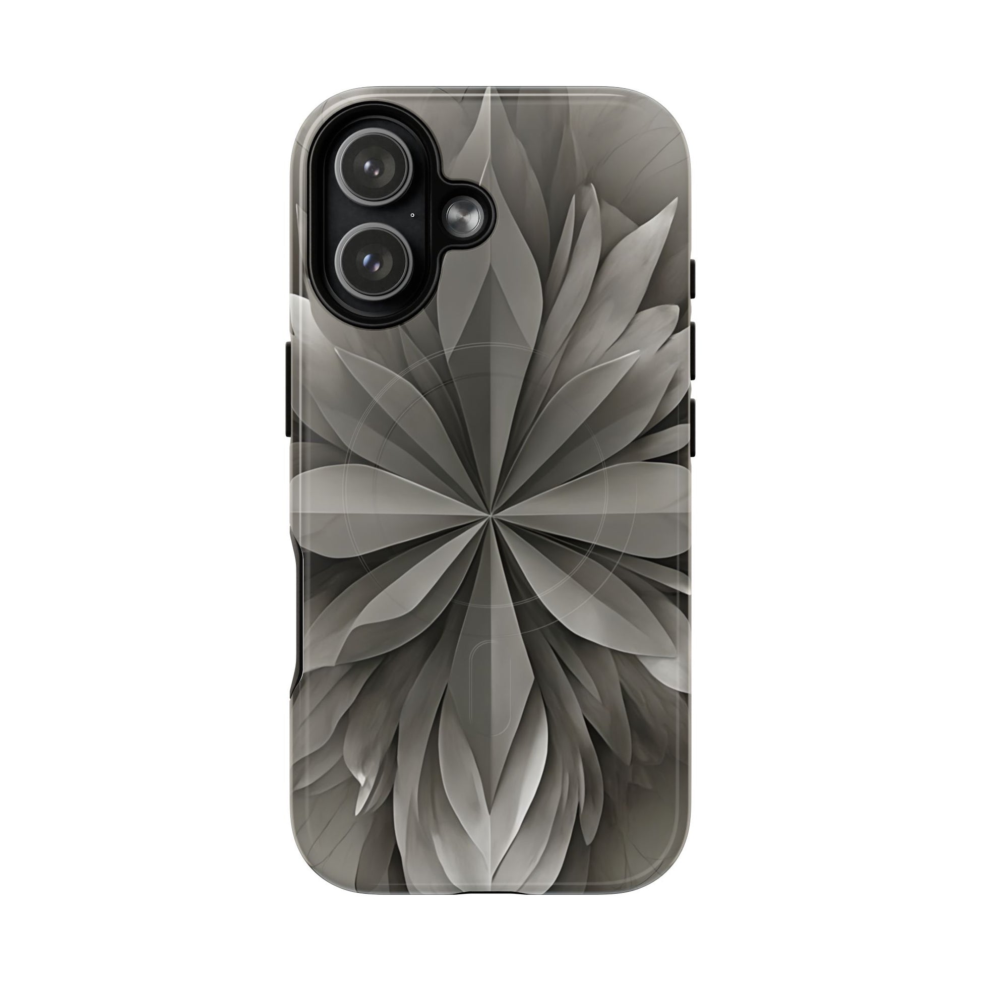Silver Lotus floral iPhone 17 MagSafe case featuring layered silver lotus petals in a monochrome botanical design.
