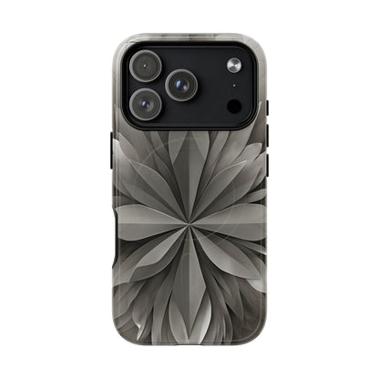 Silver Lotus floral iPhone 17 Pro MagSafe case featuring layered silver lotus petals in a monochrome botanical design.