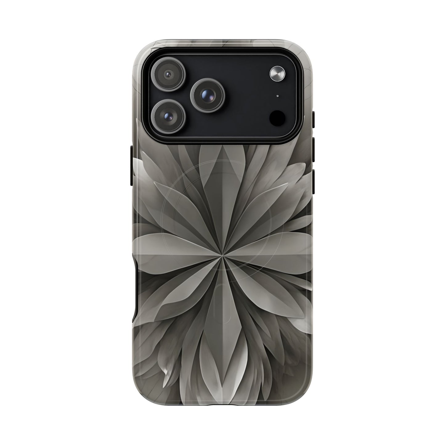 Silver Lotus floral iPhone 17 Pro Max MagSafe case featuring layered silver lotus petals in a monochrome botanical design.