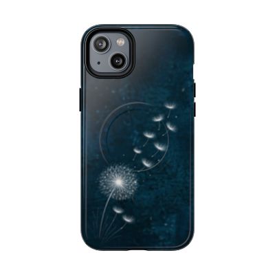 Slim protective iPhone 14 Plus case with elegant dandelion design in dark blue