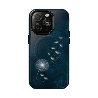 Durable phone case with botanical dandelion artwork on dark background